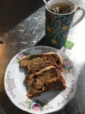 Vegan carrot cake with Pukka three mint tea at Brockhill Cafe Restaurant in Hythe