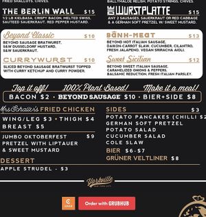 Schaller’s stube menu— the white area is the Beyond Sausage vegan menu. The German potato salad, cucumber salad, and MAYBE the soft pretzel are all vegan side options. at Schaller's Stube in New York City