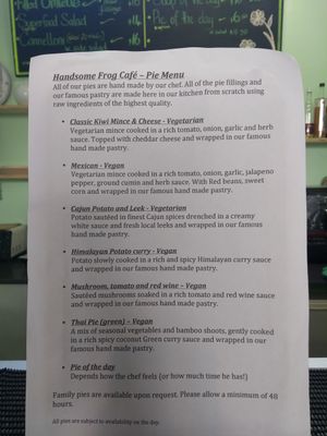 Pie menu at Frog on the Hop - Food Truck in Whangarei