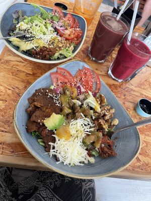 Bowls with tempeh and vegan cheese!  at Andrea's Brunch in Tarifa