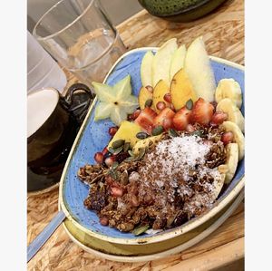 Vegan acai bowl with fruits and granola  at Andrea's Brunch in Tarifa