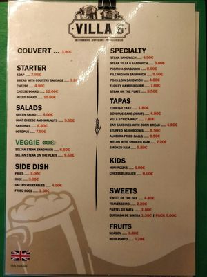 Menu at Villa 6 in Sintra