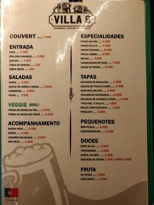 Menu at Villa 6 in Sintra