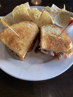 BBQ “Pork” Sandwich w/chips and hummus at Ethos Vegan Kitchen in Winter Park