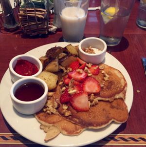 Pancake Brunch w/ Home Fries and Soy Milk at Ethos Vegan Kitchen in Winter Park