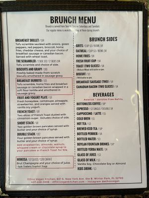 Brunch menu  at Ethos Vegan Kitchen in Winter Park