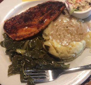 old image of all vegan bbq chicken and greens at Ethos Vegan Kitchen in Winter Park