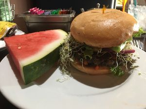 Thiccc Black Bean Burger w/ fruit of the day  at Ethos Vegan Kitchen in Winter Park