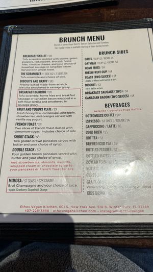 Brunch menu  at Ethos Vegan Kitchen in Winter Park