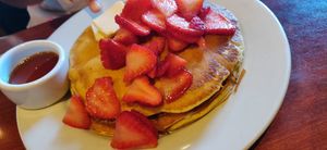 Pancakes with strawberries at Ethos Vegan Kitchen in Winter Park
