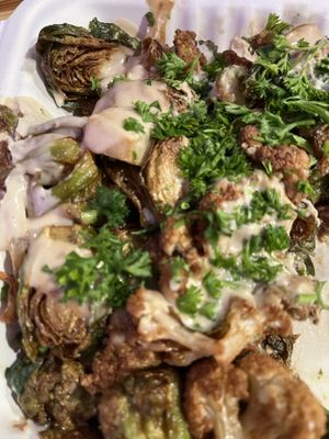 Fried Cauliflower and Brussels Sprouts with Toum  at Gypsy Queen in Asheville