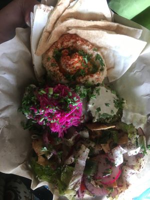 suzy’s sampler: hummus, falafel, salad at Gypsy Queen in Asheville