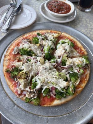 Veggie pizza with vegan cheese and gluten free crust   at Cafe Metro in Denville