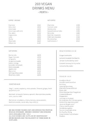 Drinks menu at 269 Vegan in Perth
