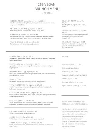 Food menu at 269 Vegan in Perth