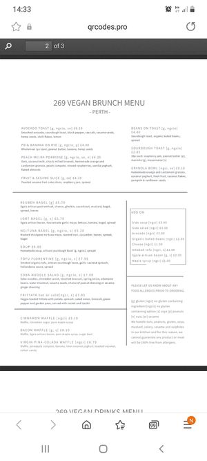 Brunch menu at 269 Vegan in Perth