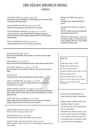 menu at 269 Vegan in Perth