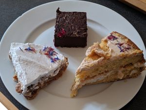 Take away cakes! Lavender brownie, (very rich, not too sweet) orange and coconut sponge, ( amazing, moist and light) banoffee pie (slightly too sweet) at 269 Vegan in Perth