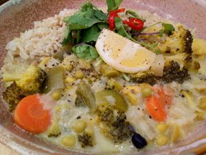 Thai green curry with brown rice, more like a soup than a curry at 269 Vegan in Perth
