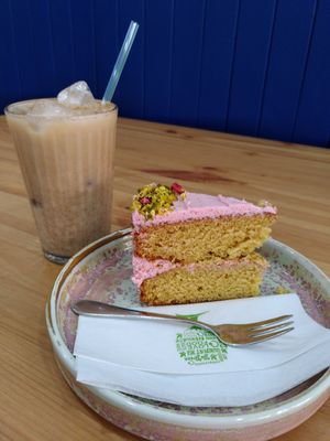 Iced chai, rose & pistachio cake at 269 Vegan in Perth