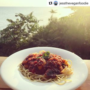 Spaghetti napolitana (asked to add mushrooms), also picked fresh basil from pots to add! at Malibu Taverna in Corfu