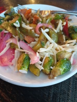 Sweet potatoes and Brussel sprouts with Vegan cheese at Three Blondes Brewing in South Haven