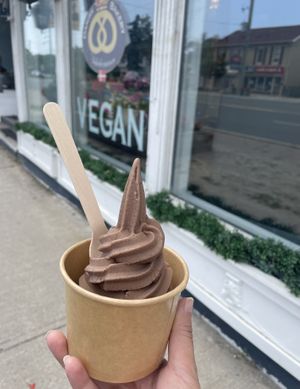 Vegan soft serve chocolate ice cream in a cup  at Vegan Danish Bakery in Toronto