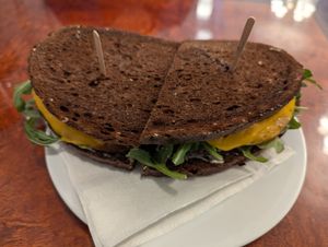 Tomatoes, cheeze and arugula sandwich at Vegan Danish Bakery in Toronto