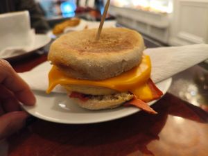 Breakfast sandwich with plant-based egg, cheese and ham! at Vegan Danish Bakery in Toronto