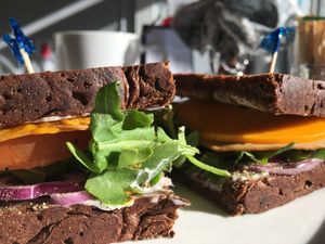Tomato arugula melt at Vegan Danish Bakery in Toronto