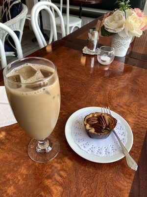 Butter tart and iced coffee at Vegan Danish Bakery in Toronto
