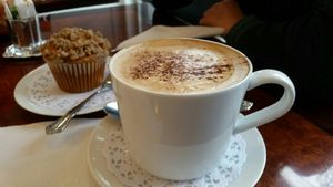 Capucchino and pumkin muffin at Vegan Danish Bakery in Toronto