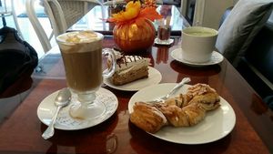 Caramell latte, mocca cheesecake, pecan chocolate squirrel at Vegan Danish Bakery in Toronto