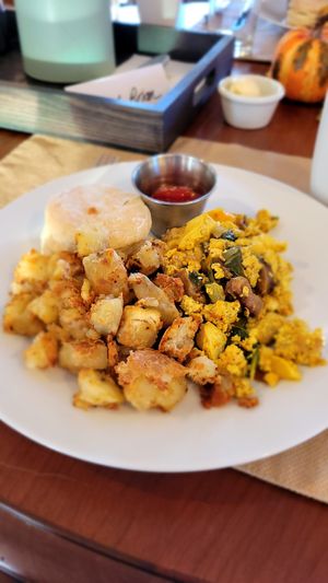 Tofu scramble, potatoes, and warm biscuit at Sundogs Bed and Breakfast in Shepherdstown