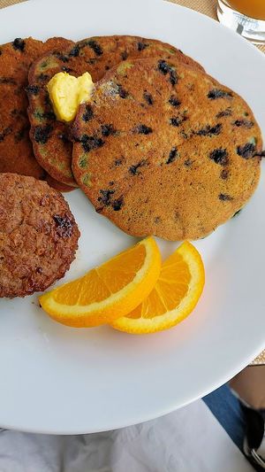 Blueberry pancakes with orange butter & sausage at Sundogs Bed and Breakfast in Shepherdstown
