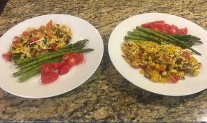Tofu scramble, Italian style, with grilled asparagus and fresh sliced tomatoes - a typical breakfast main course at Sundogs. at Sundogs Bed and Breakfast in Shepherdstown