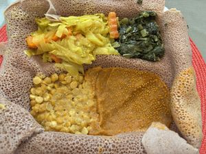 Cabbage and carrots, collard greens, split peas and lentils. Everything was yummy.  at Mesob Cafe in Virginia Beach