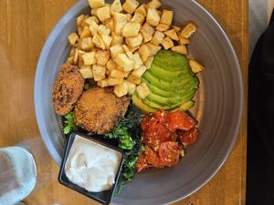 veggie bowl, so filling and yummy (especially the veggie fritters) at Civil Libation in Virginia Beach