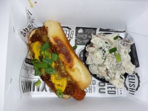 Chili cheese dog & potato salad. 110% DELICIOUS at Bumbling Bee in Virginia Beach