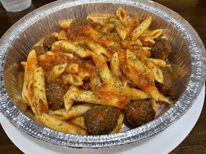 Vegan penne and meatballs (Happy Little Plants brand meatballs)  at Bodacious Bakehouse in Virginia Beach