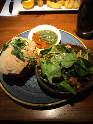 Aubergine burger served with warm sweet potato and broccoli salad. Delish ?  at The Balloch House in Alexandria