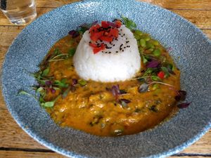 Vegan rendang curry with sticky jasmine rice at The Drum Inn in Torquay