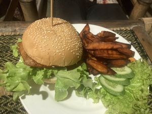 Vegan chicken burger wirh sweet potato fries  at Taste From Heaven in Koh Phangan