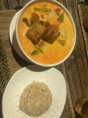 Red curry with vegan duck and brown rice  at Taste From Heaven in Koh Phangan