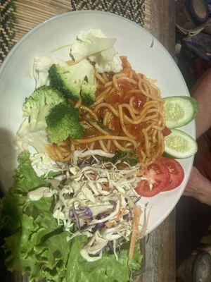 Spaghetti with tomato and vegetables and vegan cheese   at Taste From Heaven in Koh Phangan