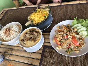 Papaya salad, vegan duck, kao soy, fried rice in pinapple at Taste From Heaven in Koh Phangan