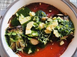cannelloni from
eggplant with cashewricotta and salsa verde at Lento in Hasselt