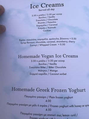 Homemade vegan ice cream menu  at Copa Cabana in Patmos