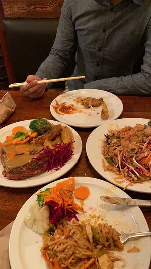 Don’t mind the mess, we were starving, and I remembered to take a photo during half time.  at The Naam in Vancouver