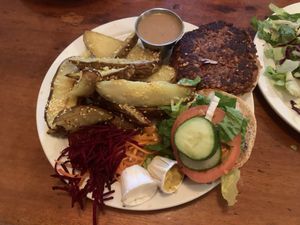 Naam burger with fries   at The Naam in Vancouver